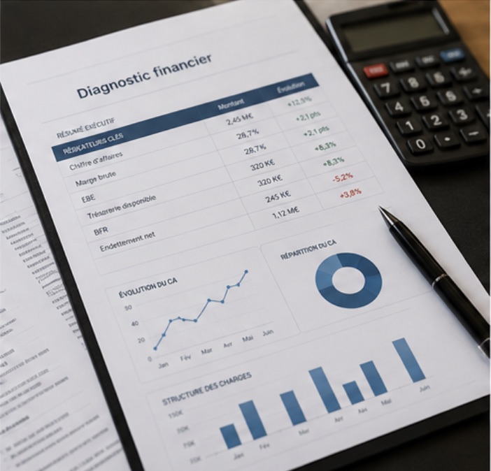 Extrait d'une synthèse de diagnostic financier : résumé exécutif, indicateurs clés et graphiques