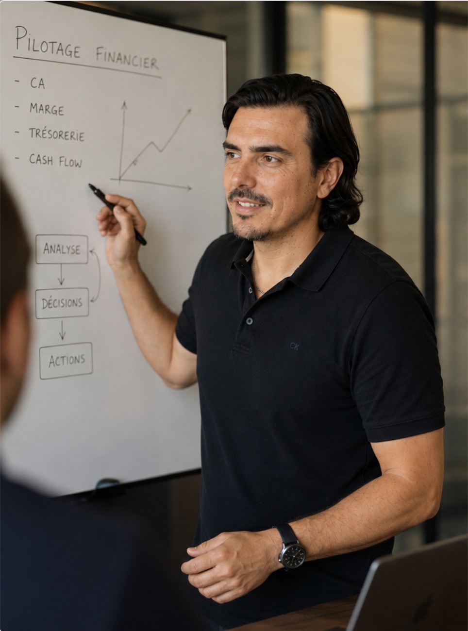 David Ferri devant un tableau : pilotage financier, de l'analyse aux décisions et aux actions